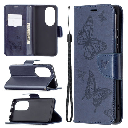 For Huawei P50 Pro Two Butterflies Embossing Pattern Horizontal Flip Leather Case with Holder & Card Slot & Wallet & Lanyard(Dark Blue) - Huawei Cases by buy2fix | Online Shopping UK | buy2fix