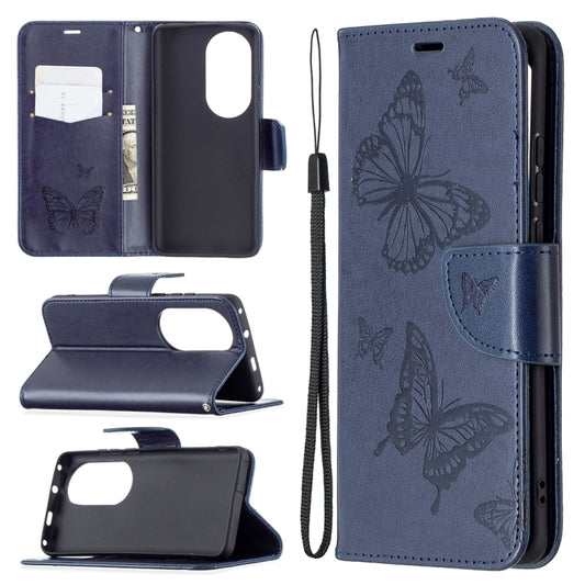 For Huawei P50 Pro Two Butterflies Embossing Pattern Horizontal Flip Leather Case with Holder & Card Slot & Wallet & Lanyard(Dark Blue) - Huawei Cases by buy2fix | Online Shopping UK | buy2fix