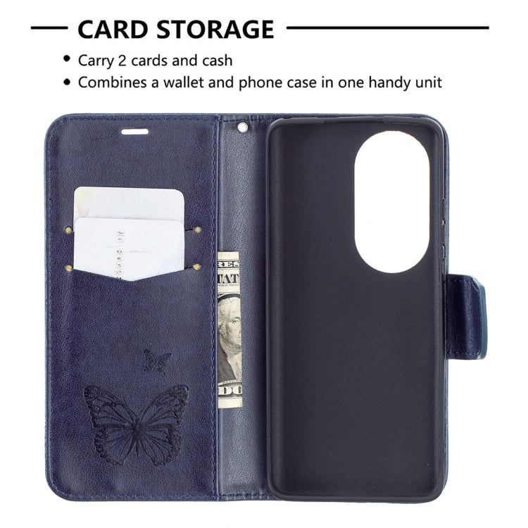 For Huawei P50 Pro Two Butterflies Embossing Pattern Horizontal Flip Leather Case with Holder & Card Slot & Wallet & Lanyard(Dark Blue) - Huawei Cases by buy2fix | Online Shopping UK | buy2fix