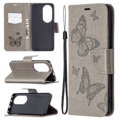 For Huawei P50 Pro Two Butterflies Embossing Pattern Horizontal Flip Leather Case with Holder & Card Slot & Wallet & Lanyard(Grey) - Huawei Cases by buy2fix | Online Shopping UK | buy2fix