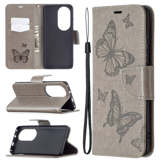 For Huawei P50 Pro Two Butterflies Embossing Pattern Horizontal Flip Leather Case with Holder & Card Slot & Wallet & Lanyard(Grey) - Huawei Cases by buy2fix | Online Shopping UK | buy2fix