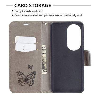 For Huawei P50 Pro Two Butterflies Embossing Pattern Horizontal Flip Leather Case with Holder & Card Slot & Wallet & Lanyard(Grey) - Huawei Cases by buy2fix | Online Shopping UK | buy2fix