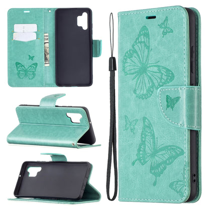 For Samsung Galaxy A32 4G Two Butterflies Embossing Pattern Horizontal Flip Leather Case with Holder & Card Slot & Wallet & Lanyard(Green) by buy2fix