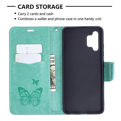 For Samsung Galaxy A32 4G Two Butterflies Embossing Pattern Horizontal Flip Leather Case with Holder & Card Slot & Wallet & Lanyard(Green) by buy2fix