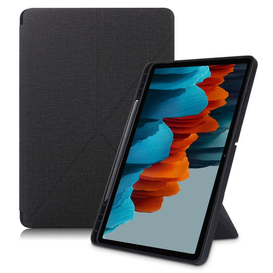 For Samsung Galaxy Tab S7 FE T730 / T735 / Tab S7+ / T970 / T975 Cloth Texture Multi-folding Leather Tablet Case with Holder & Sleep / Wake-up (Black) - Tab S7+ T970 / T976B by buy2fix | Online Shopping UK | buy2fix