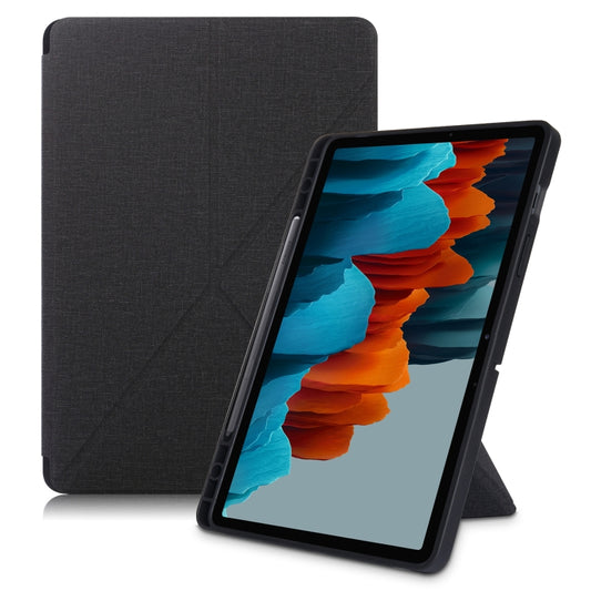 For Samsung Galaxy Tab S8 / Galaxy Tab S7 T870 Cloth Texture Multi-folding Horizontal Flip PU Leather Shockproof Case with Holder & Sleep / Wake-up Function(Black) - Galaxy Tab S8 Cases by buy2fix | Online Shopping UK | buy2fix