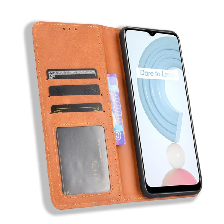 For OPPO Realme C21 Magnetic Buckle Retro Crazy Horse Texture Horizontal Flip Leather Case with Holder & Card Slots & Photo Frame(Brown) - Realme Cases by buy2fix | Online Shopping UK | buy2fix