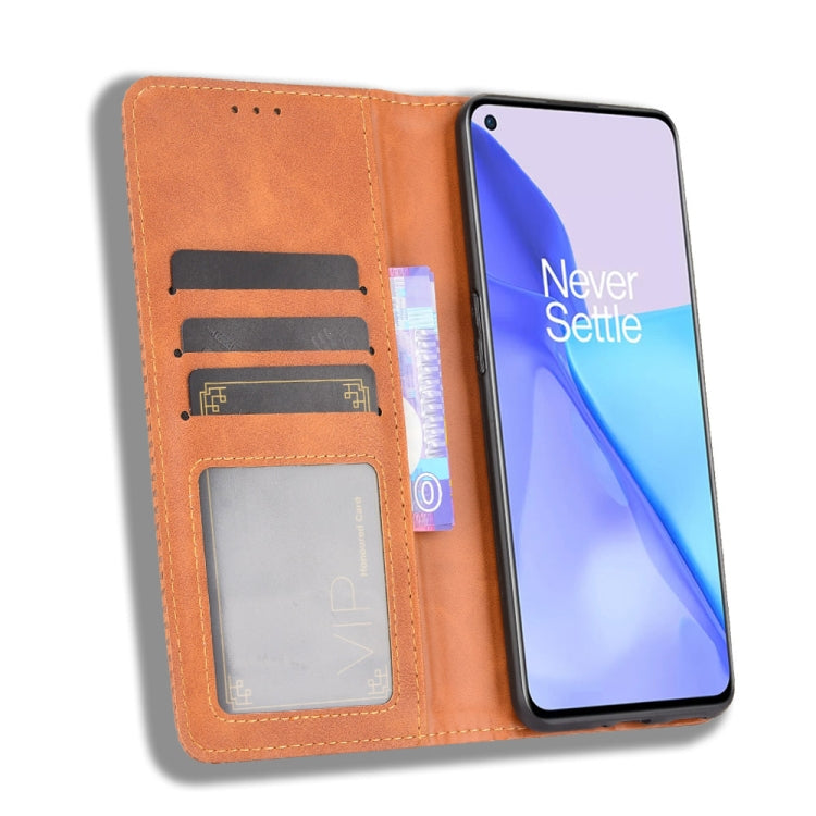For OnePlus 9 (Europe and America Version) Magnetic Buckle Retro Crazy Horse Texture Horizontal Flip Leather Case with Holder & Card Slots & Photo Frame(Brown) by buy2fix