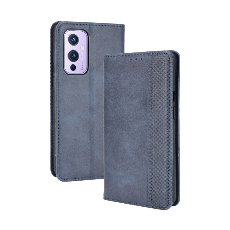 For OnePlus 9 (Europe and America Version) Magnetic Buckle Retro Crazy Horse Texture Horizontal Flip Leather Case with Holder & Card Slots & Photo Frame(Blue) by buy2fix