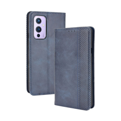 For OnePlus 9 (Europe and America Version) Magnetic Buckle Retro Crazy Horse Texture Horizontal Flip Leather Case with Holder & Card Slots & Photo Frame(Blue) by buy2fix