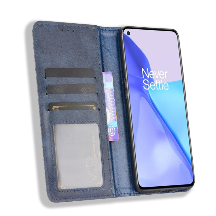 For OnePlus 9 (Europe and America Version) Magnetic Buckle Retro Crazy Horse Texture Horizontal Flip Leather Case with Holder & Card Slots & Photo Frame(Blue) by buy2fix