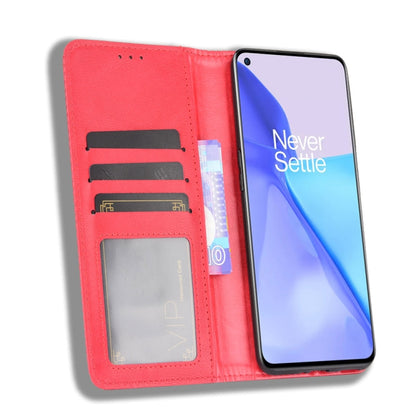 For OnePlus 9 (Europe and America Version) Magnetic Buckle Retro Crazy Horse Texture Horizontal Flip Leather Case with Holder & Card Slots & Photo Frame(Red) by buy2fix