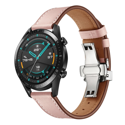 22mm Universal Butterfly Buckle Leather Watch Band, Style:Silver Buckle(Pink) - 22mm Bands by buy2fix | Online Shopping UK | buy2fix