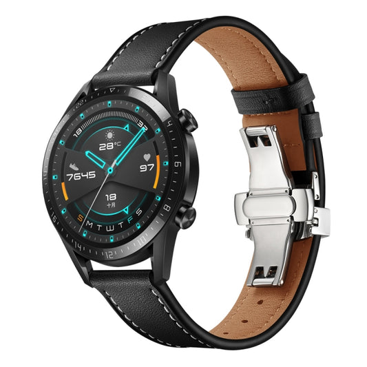 22mm Universal Butterfly Buckle Leather Watch Band, Style:Silver Buckle(Black) - 22mm Bands by buy2fix | Online Shopping UK | buy2fix
