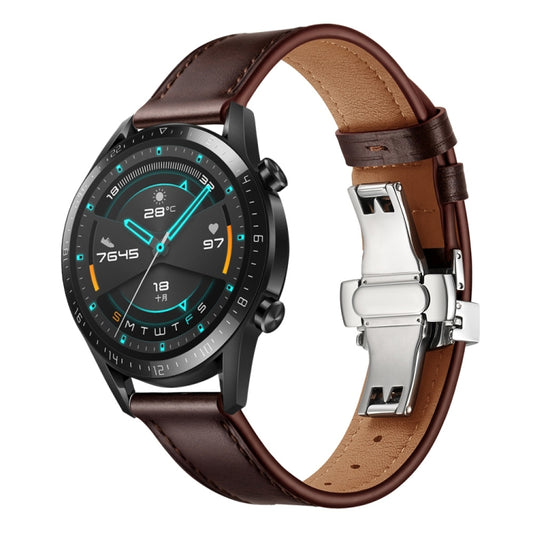 22mm Universal Butterfly Buckle Leather Watch Band, Style:Silver Buckle(Dark Brown) - 22mm Bands by buy2fix | Online Shopping UK | buy2fix