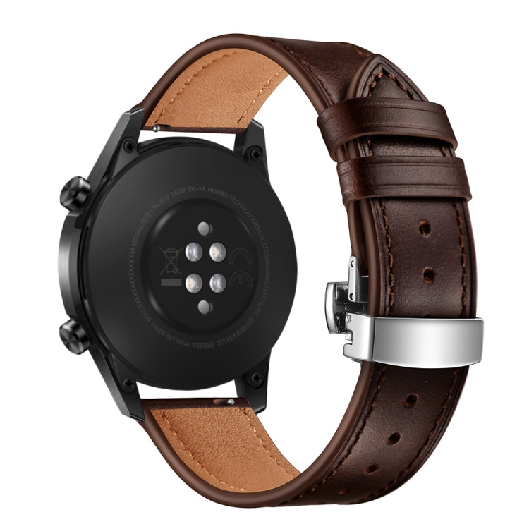 22mm Universal Butterfly Buckle Leather Watch Band, Style:Silver Buckle(Dark Brown) - 22mm Bands by buy2fix | Online Shopping UK | buy2fix