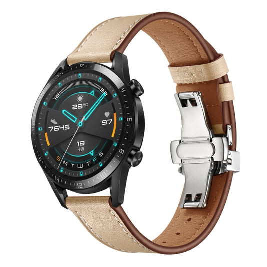 22mm Universal Butterfly Buckle Leather Watch Band, Style:Silver Buckle(Apricot) - 22mm Bands by buy2fix | Online Shopping UK | buy2fix