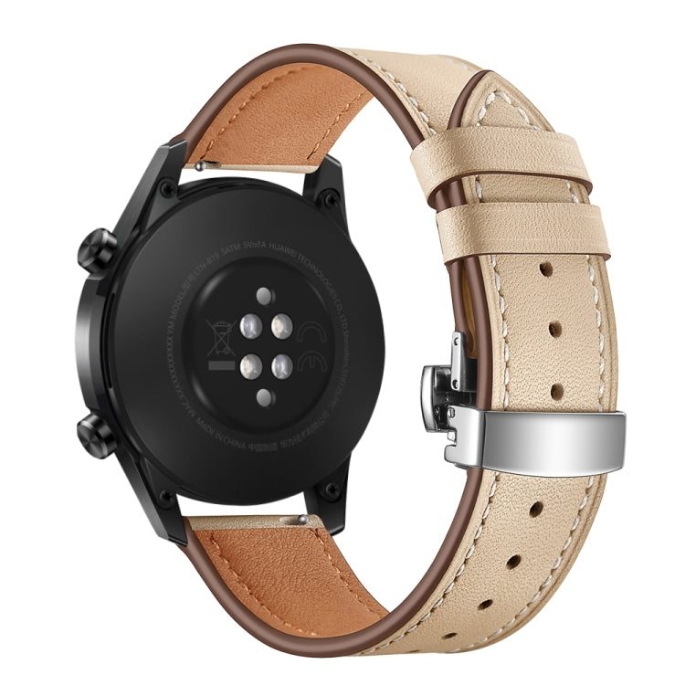 22mm Universal Butterfly Buckle Leather Watch Band, Style:Silver Buckle(Apricot) - 22mm Bands by buy2fix | Online Shopping UK | buy2fix