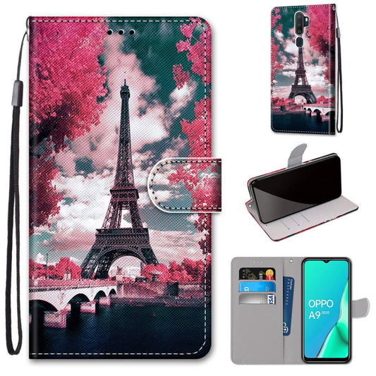 For OPPO A9 (2020) / A5 (2020) / A11X / A11 Coloured Drawing Cross Texture Horizontal Flip PU Leather Case with Holder & Card Slots & Wallet & Lanyard(Pink Flower Tower Bridge) by buy2fix