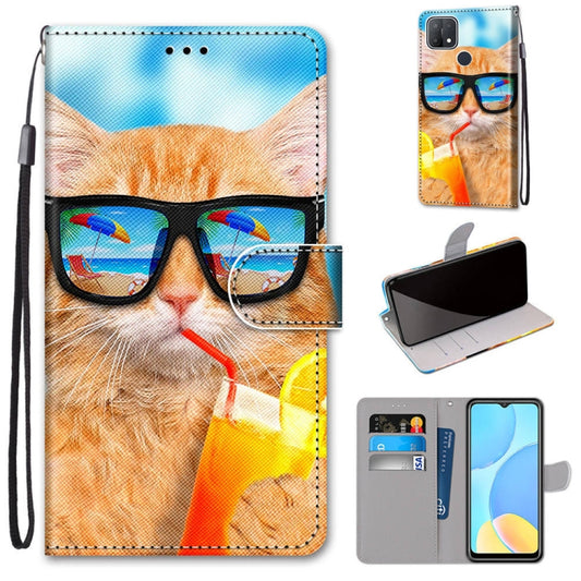 For OPPO A15 / A15s Coloured Drawing Cross Texture Horizontal Flip PU Leather Case with Holder & Card Slots & Wallet & Lanyard(Cat Drinking Soda) by buy2fix