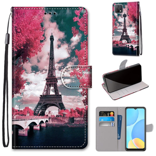 For OPPO A15 / A15s Coloured Drawing Cross Texture Horizontal Flip PU Leather Case with Holder & Card Slots & Wallet & Lanyard(Pink Flower Tower Bridge) by buy2fix