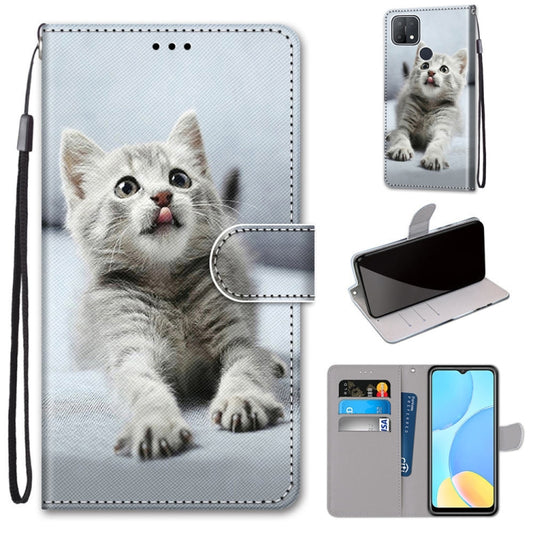 For OPPO A15 / A15s Coloured Drawing Cross Texture Horizontal Flip PU Leather Case with Holder & Card Slots & Wallet & Lanyard(Small Gray Cat) by buy2fix