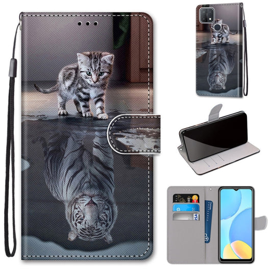 For OPPO A15 / A15s Coloured Drawing Cross Texture Horizontal Flip PU Leather Case with Holder & Card Slots & Wallet & Lanyard(Cat Becomes Tiger) by buy2fix