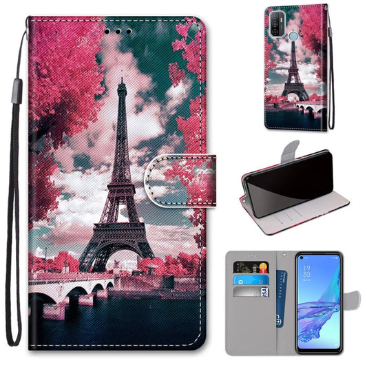 For OPPO A53 4G(2020) / A53s / A32 / A33 (2020) Coloured Drawing Cross Texture Horizontal Flip PU Leather Case with Holder & Card Slots & Wallet & Lanyard(Pink Flower Tower Bridge) by buy2fix