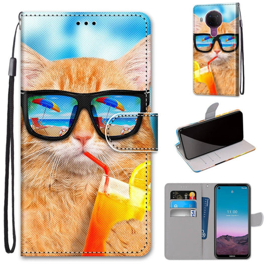 For Nokia 5.4 Coloured Drawing Cross Texture Horizontal Flip PU Leather Case with Holder & Card Slots & Wallet & Lanyard(Cat Drinking Soda) - Nokia Cases by buy2fix | Online Shopping UK | buy2fix