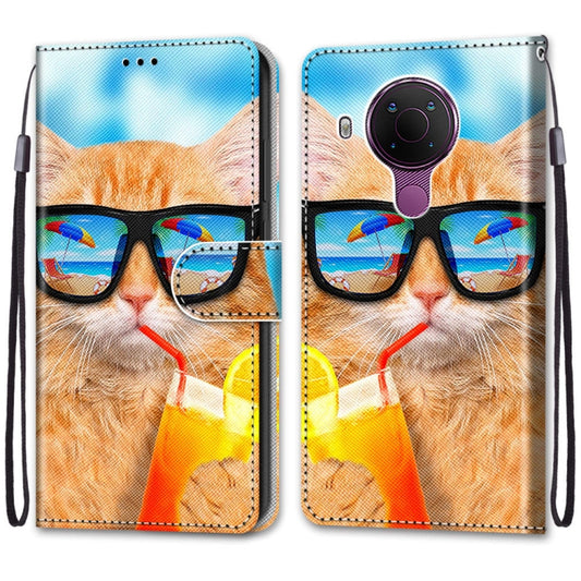 For Nokia 5.4 Coloured Drawing Cross Texture Horizontal Flip PU Leather Case with Holder & Card Slots & Wallet & Lanyard(Cat Drinking Soda) by buy2fix