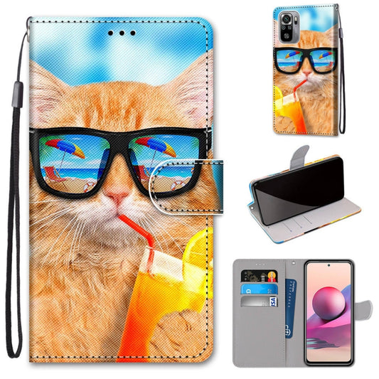 For Xiaomi Redmi Note 10 4G / Note 10s Coloured Drawing Cross Texture Horizontal Flip PU Leather Case with Holder & Card Slots & Wallet & Lanyard(Cat Drinking Soda) - Xiaomi Cases by buy2fix | Online Shopping UK | buy2fix
