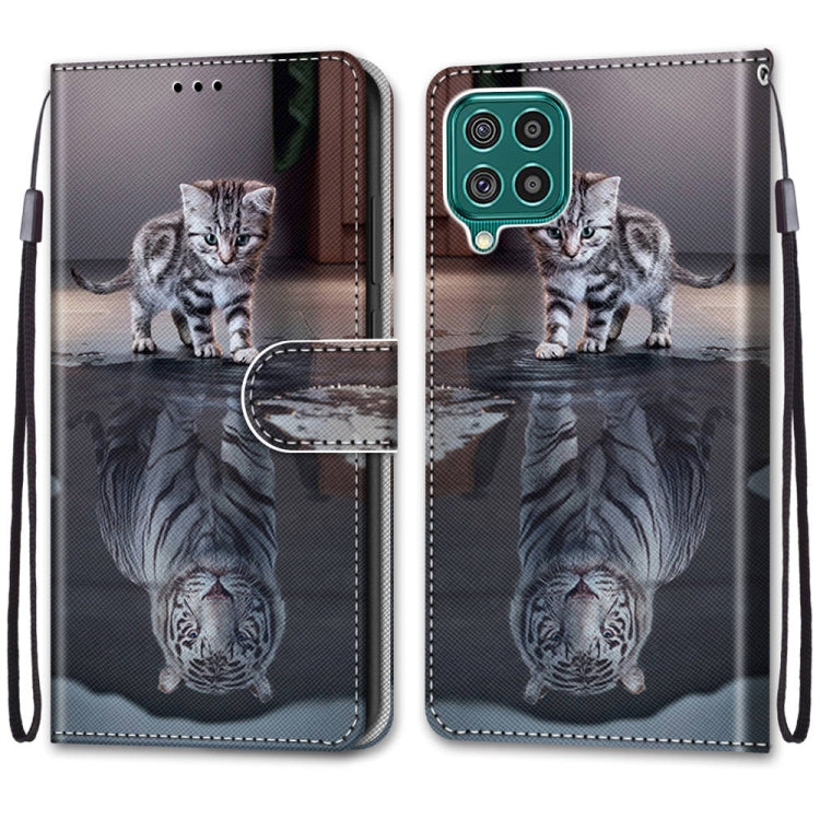 For Samsung Galaxy F62 / M62 Coloured Drawing Cross Texture Horizontal Flip PU Leather Case with Holder & Card Slots & Wallet & Lanyard(Cat Becomes Tiger) by buy2fix