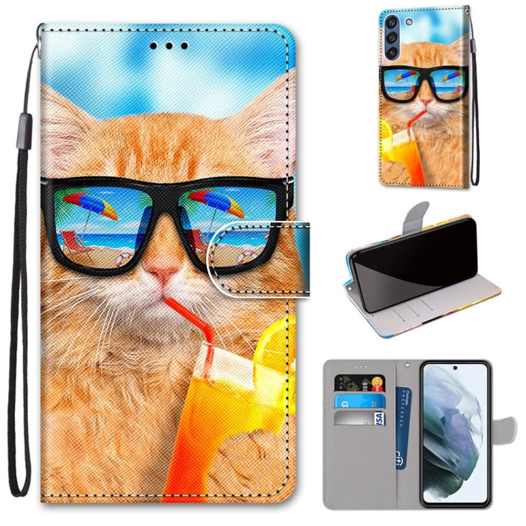 For Samsung Galaxy S21 FE Coloured Drawing Cross Texture Horizontal Flip PU Leather Case with Holder & Card Slots & Wallet & Lanyard(Cat Drinking Soda) by buy2fix