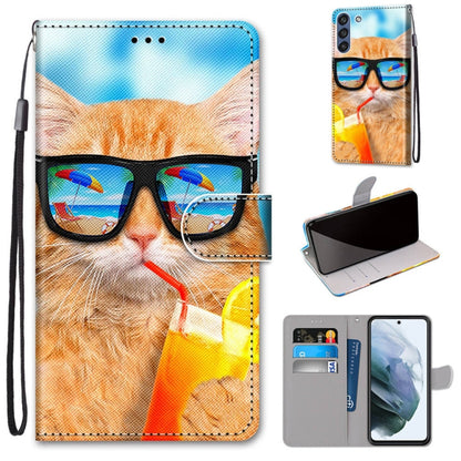 For Samsung Galaxy S21 FE Coloured Drawing Cross Texture Horizontal Flip PU Leather Case with Holder & Card Slots & Wallet & Lanyard(Cat Drinking Soda) by buy2fix