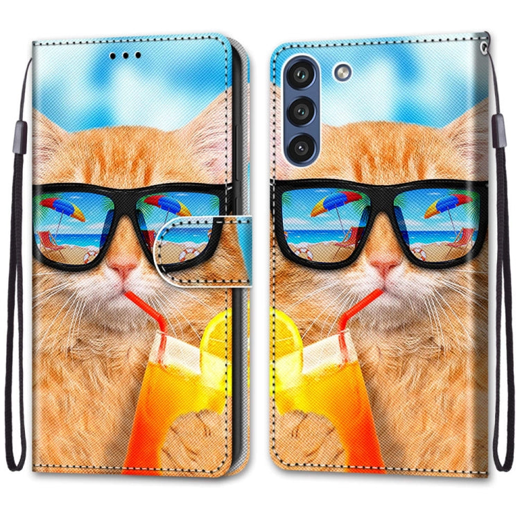 For Samsung Galaxy S21 FE Coloured Drawing Cross Texture Horizontal Flip PU Leather Case with Holder & Card Slots & Wallet & Lanyard(Cat Drinking Soda) by buy2fix