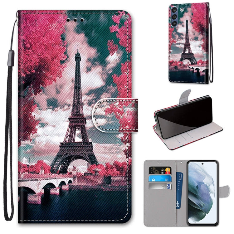 For Samsung Galaxy S21 FE Coloured Drawing Cross Texture Horizontal Flip PU Leather Case with Holder & Card Slots & Wallet & Lanyard(Pink Flower Tower Bridge) by buy2fix