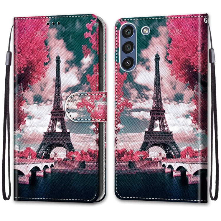 For Samsung Galaxy S21 FE Coloured Drawing Cross Texture Horizontal Flip PU Leather Case with Holder & Card Slots & Wallet & Lanyard(Pink Flower Tower Bridge) by buy2fix