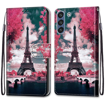 For Samsung Galaxy S21 FE Coloured Drawing Cross Texture Horizontal Flip PU Leather Case with Holder & Card Slots & Wallet & Lanyard(Pink Flower Tower Bridge) by buy2fix