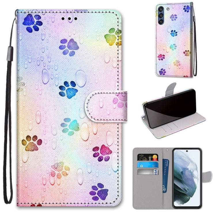 For Samsung Galaxy S21 FE Coloured Drawing Cross Texture Horizontal Flip PU Leather Case with Holder & Card Slots & Wallet & Lanyard(Footprint Water Drops) by buy2fix