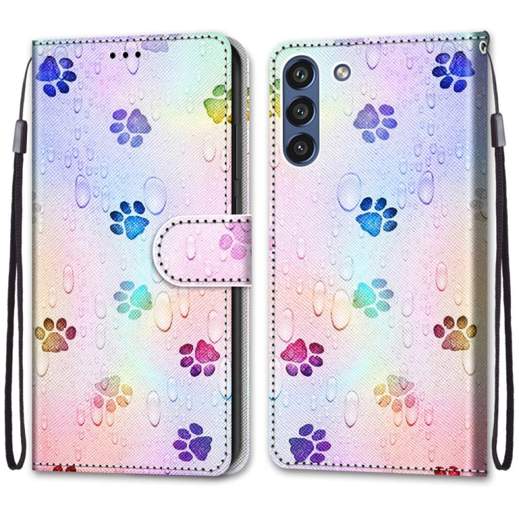 For Samsung Galaxy S21 FE Coloured Drawing Cross Texture Horizontal Flip PU Leather Case with Holder & Card Slots & Wallet & Lanyard(Footprint Water Drops) by buy2fix