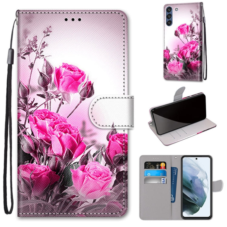 For Samsung Galaxy S21 FE Coloured Drawing Cross Texture Horizontal Flip PU Leather Case with Holder & Card Slots & Wallet & Lanyard(Wild Rose) by buy2fix