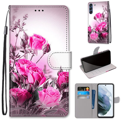 For Samsung Galaxy S21 FE Coloured Drawing Cross Texture Horizontal Flip PU Leather Case with Holder & Card Slots & Wallet & Lanyard(Wild Rose) by buy2fix
