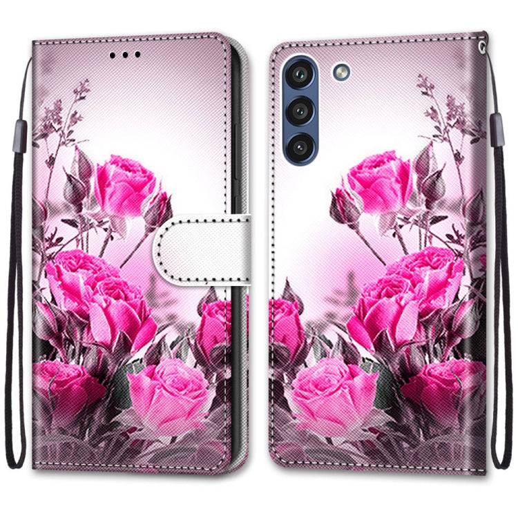 For Samsung Galaxy S21 FE Coloured Drawing Cross Texture Horizontal Flip PU Leather Case with Holder & Card Slots & Wallet & Lanyard(Wild Rose) by buy2fix