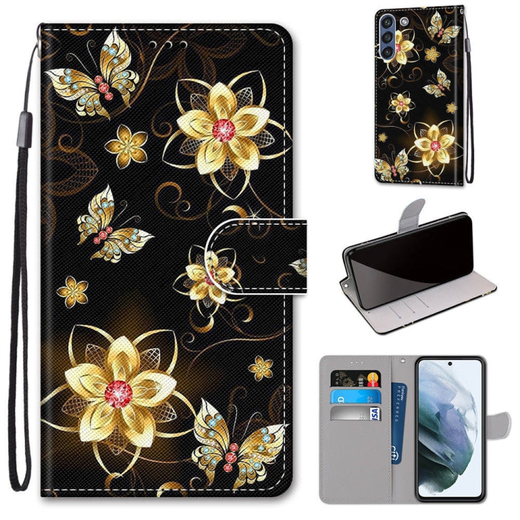 For Samsung Galaxy S21 FE Coloured Drawing Cross Texture Horizontal Flip PU Leather Case with Holder & Card Slots & Wallet & Lanyard(Gold Diamond Butterfly) by buy2fix