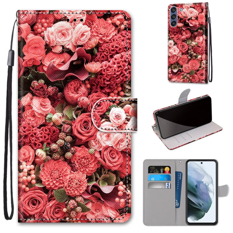 For Samsung Galaxy S21 FE Coloured Drawing Cross Texture Horizontal Flip PU Leather Case with Holder & Card Slots & Wallet & Lanyard(Pink Rose Garden) by buy2fix