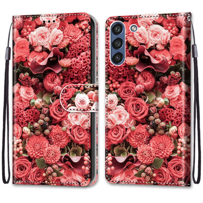 For Samsung Galaxy S21 FE Coloured Drawing Cross Texture Horizontal Flip PU Leather Case with Holder & Card Slots & Wallet & Lanyard(Pink Rose Garden) by buy2fix