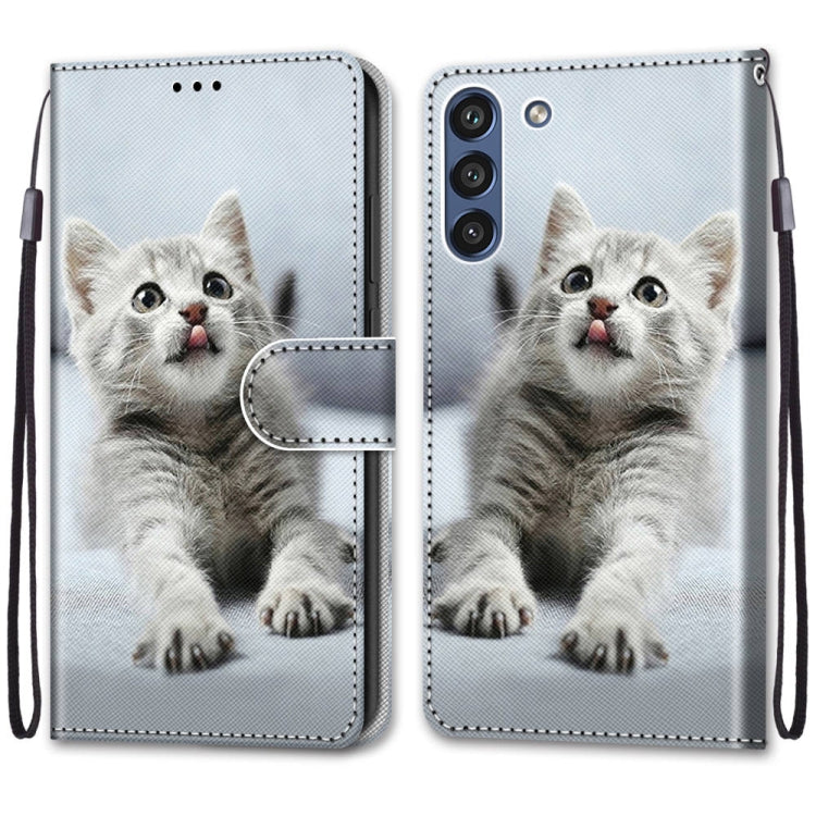 For Samsung Galaxy S21 FE Coloured Drawing Cross Texture Horizontal Flip PU Leather Case with Holder & Card Slots & Wallet & Lanyard(Small Gray Cat) by buy2fix