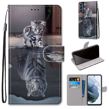 For Samsung Galaxy S21 FE Coloured Drawing Cross Texture Horizontal Flip PU Leather Case with Holder & Card Slots & Wallet & Lanyard(Cat Becomes Tiger) by buy2fix