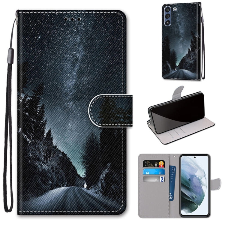 For Samsung Galaxy S21 FE Coloured Drawing Cross Texture Horizontal Flip PU Leather Case with Holder & Card Slots & Wallet & Lanyard(Mountain Road Starry Sky) by buy2fix