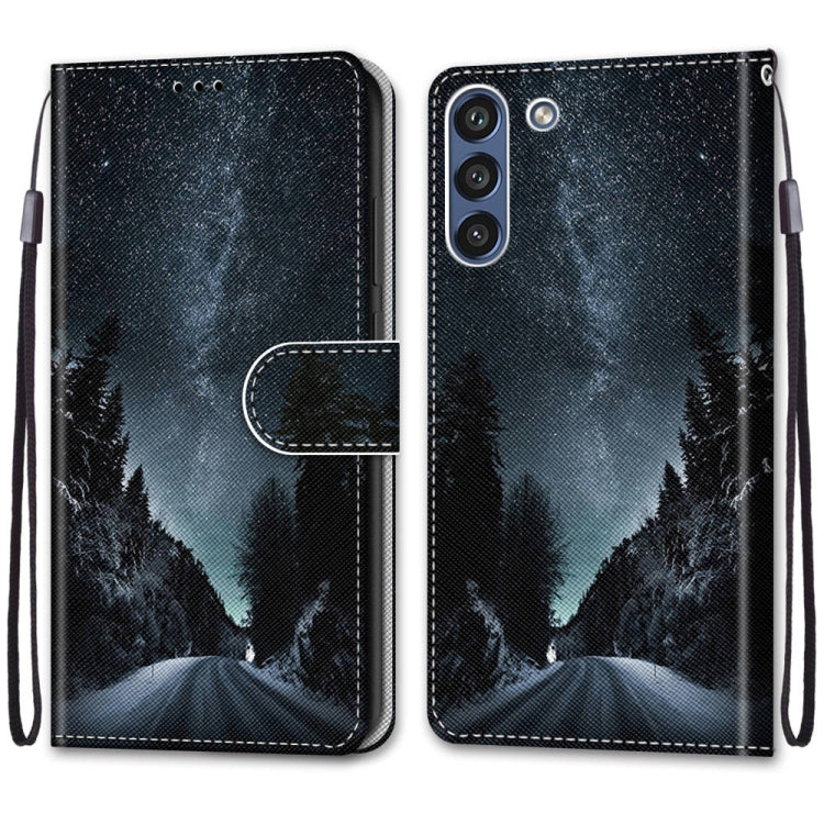 For Samsung Galaxy S21 FE Coloured Drawing Cross Texture Horizontal Flip PU Leather Case with Holder & Card Slots & Wallet & Lanyard(Mountain Road Starry Sky) by buy2fix